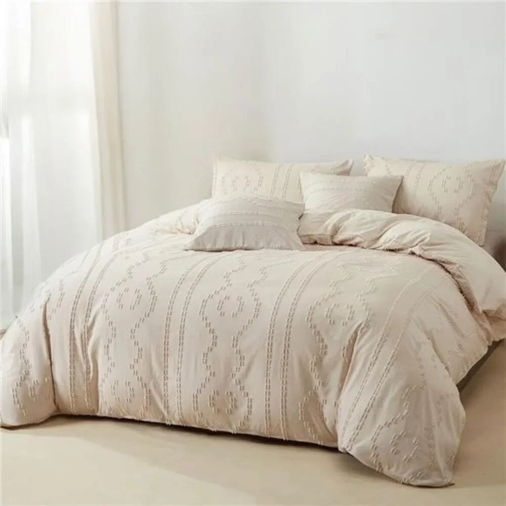 NEW Anthro Tassel Beige Boho Queen / King Fringe Bedding Duvet & Pillow Sham Set